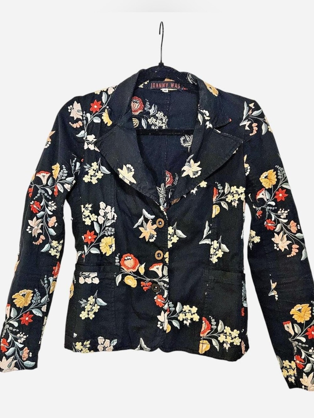 Johnny Was Black Floral Embroidered Button-Front Blazer